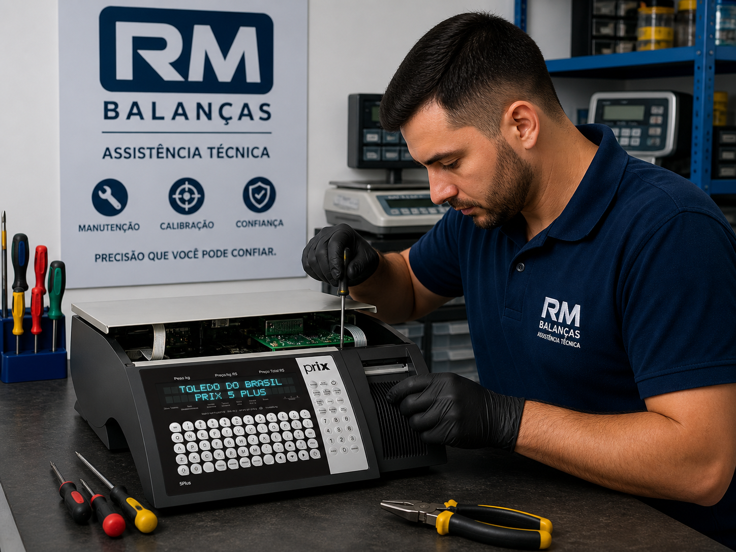 Técnico da RM Balanças realizando manutenção de balança comercial para mercado ou padaria
