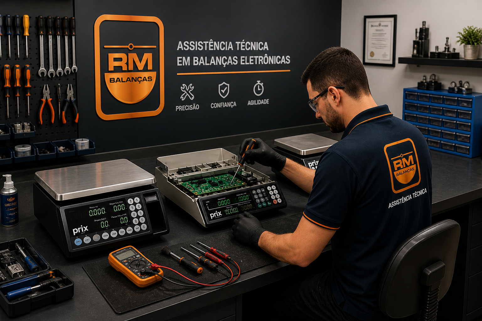 Técnico da RM Balanças realizando manutenção de balança comercial para mercado ou padaria